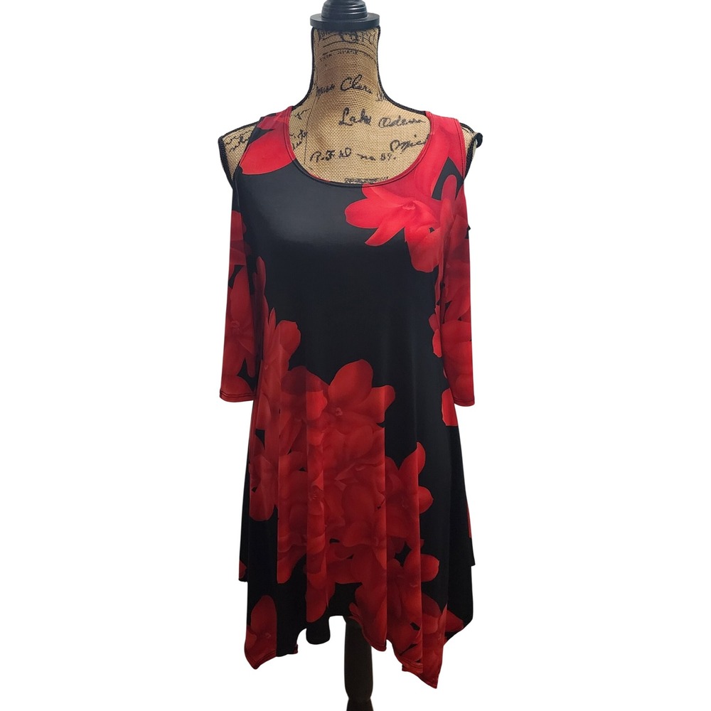 SOL R.H.R. Women's Floral Cold Shoulder Black‎ Red Dress